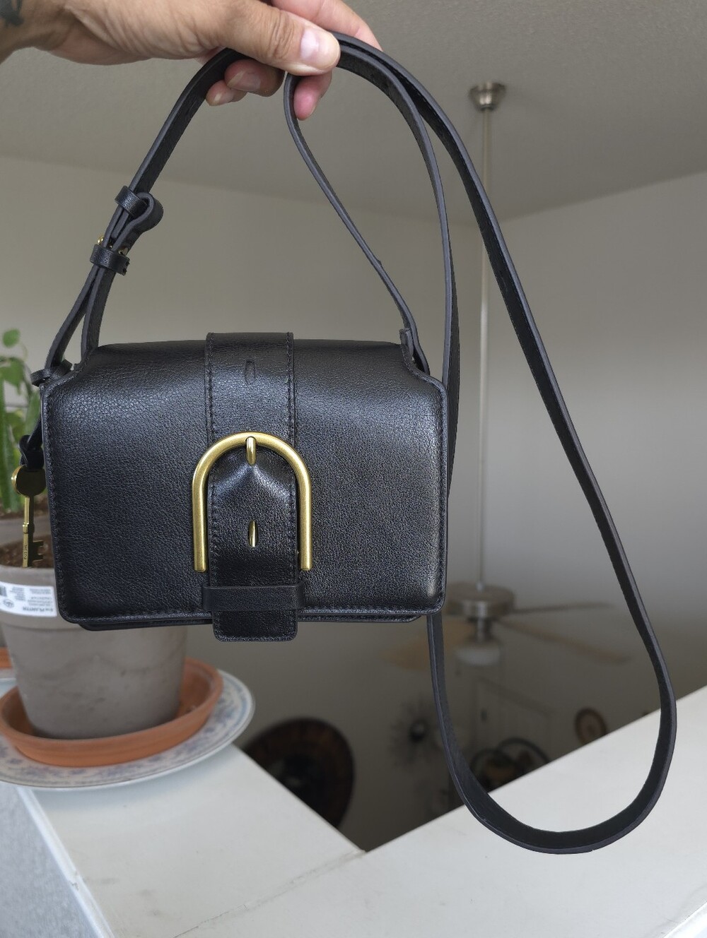 Fossil Wiley Crossbody Shoulder Black Leather with Gold Buckle Convertible Bag